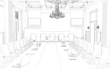 Fototapeta premium conference room, meeting room, contour visualization, 3D illustration, sketch, outline