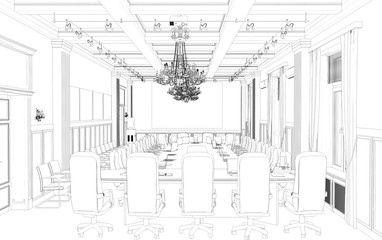 Obraz premium conference room, meeting room, contour visualization, 3D illustration, sketch, outline