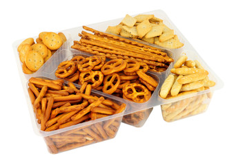 Pack of savoury pretzel and cracker snack mix isolated on a white background