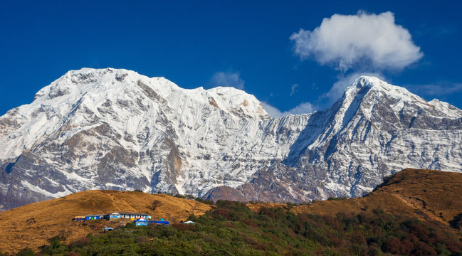 Annapurna South. View point to Badal Danda rest camp. Annapurna mountain range in Nepal