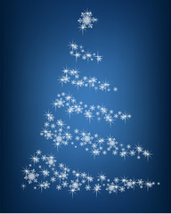 Abstract Christmas tree of snowflakes and sparks on a blue background