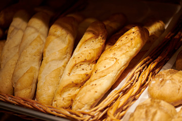 Baked bread in a bakery window display