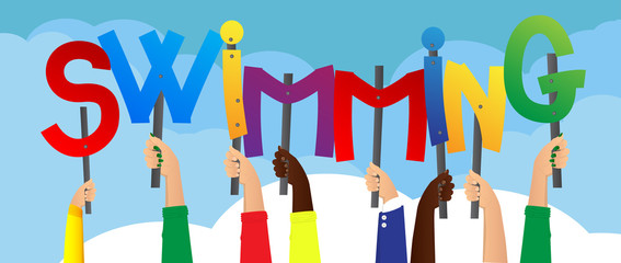 Diverse hands holding letters of the alphabet created the word Swimming. Vector illustration.