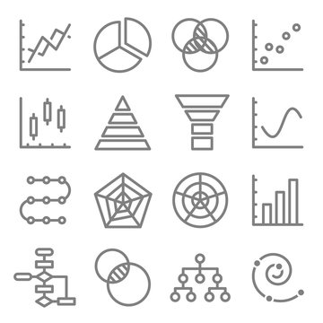 Charts and Diagrams Vector Color Line Icon Set. Contains such Icons as Venn Diagram, Dot Plot, Spiral Graph and more. Expanded Stroke