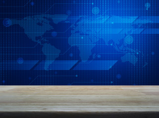 Empty brown wooden table top over digital world map technology style, Elements of this image furnished by NASA