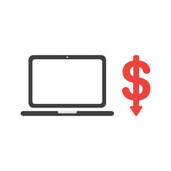 Vector icon concept of laptop computer with dollar symbol arrow moving down