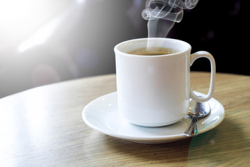 Hot coffee with soft light in the morning.
