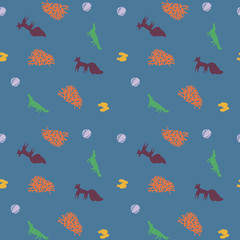 Animals silhouettes on blue background. Fox, wolf and rabbit vector pattern 