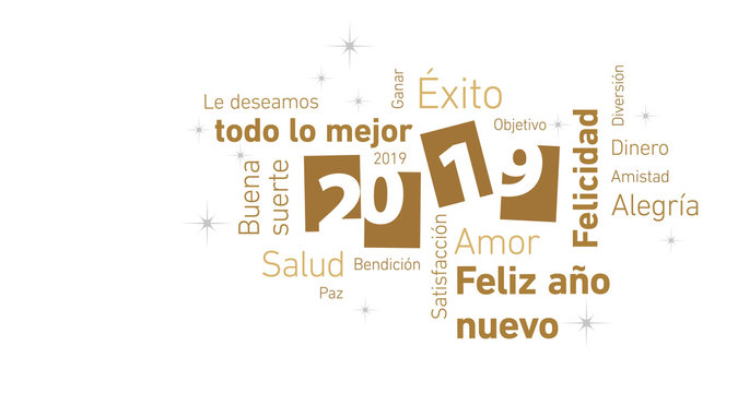 Happy New Year 2019 negative space Spanish language cloud text gold white silver vector