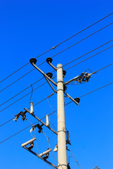 telegraph poles and wires in the blue sky background