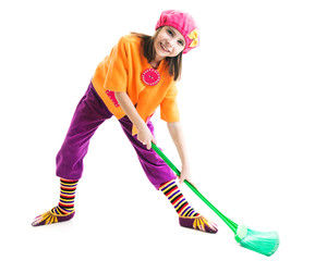 Cheerful little girl with a broom doing the cleaning in the fairy tale Little Red Riding Hood on a white background.