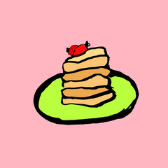 Breakfast pancakes with berries on a plate. Vector grunge icon. Brush illustration.