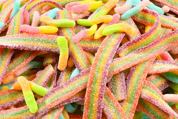 Assorted gummy candies. Top view. Jelly  sweets.