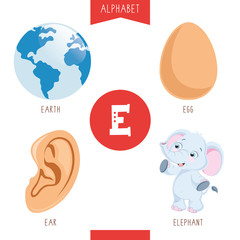 Vector Illustration Of Alphabet Letter E And Pictures