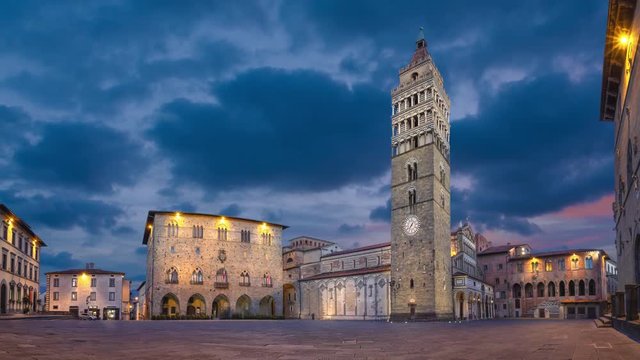 Pistoia, Italy. View of Piazza del Duomo square with old Town Hall and Cathedral (static image with animated sky)
