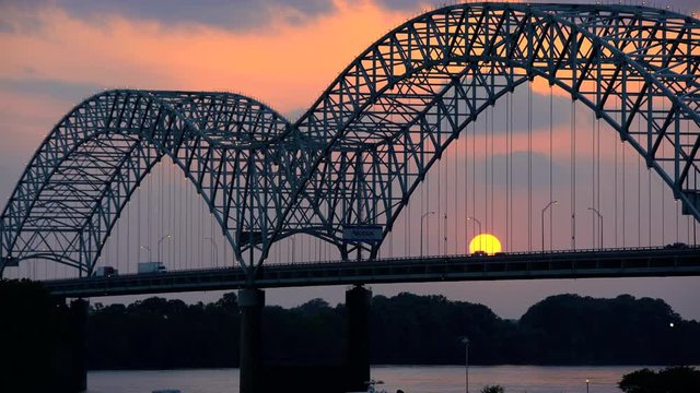 Sunset view of the Hernando DeSoto Bridge Southern Tennessee on Interstate 40 across the Mississippi River United States of America