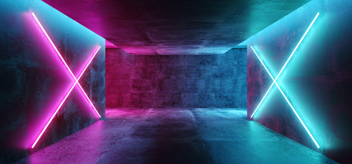 Modern Futuristic Sci Fi Concept Club Background Grunge Concrete Empty Dark Room With Neon Glowing Purple And Blue Pink Neon Lights 3D Rendering - obrazy, fototapety, plakaty