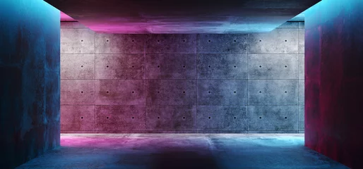 Fotobehang Modern Futuristic Sci Fi Concept Club Background Grunge Concrete Empty Dark Room With Neon Glowing Purple And Blue Pink Neon Lights 3D Rendering © IM_VISUALS
