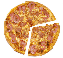 Pizza with a dial and a separated piece with a time range. The idea is happy hours, discounted time. Isolated on white background.