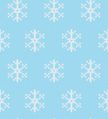 Christmas knitting seamless pattern with snowflakes in blue and white colors. Print for fabric, textile and linen, web page background, gift and wrapping paper, greeting cards, scrapbooking album.