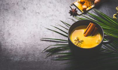 Golden turmeric milk text with spices, honey on dark background with ingredients and palm leaves....