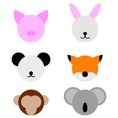 Templates of Animal Faces isolated on white background. Pig, Rabbit, Panda, Fox, Monkey, Koala. Vector Illustration for Your Design, Game, Card.