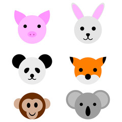 Animal Faces isolated on white background. Pig, Rabbit, Panda, Fox, Monkey, Koala. Vector Illustration for Your Design, Game, Card.