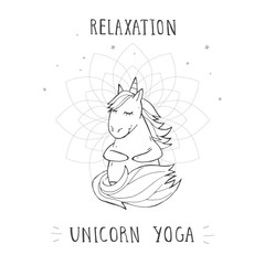 Vector illustration of hand drawn cute sitting unicorn with stars and text RELAXATION UNICORN YOGA on withe background.
