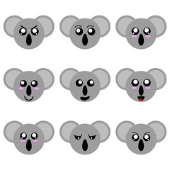 Collection of Koala Smiley Faces isolated on white background. Different Emotions. Vector Illustration for Your Design, Game, Card.
