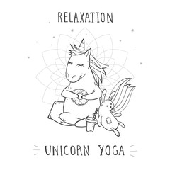 Vector illustration of hand drawn cute sitting unicorn with coffeeand text UNICORN on withe background.