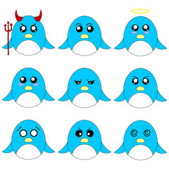 Collection of Penguin Smiley Faces isolated on white background. Different Emotions, Expressions. Vector Illustation for Your Design, Game, Card.