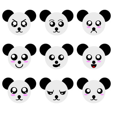 Collection of Panda Smiley Faces isolated on white background. Different Emotions. Vector Illustration for Your Design, Game, Card.