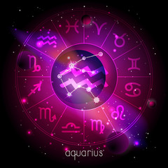 Vector illustration of sign and constellation AQUARIUS with Horoscope circle against the space background.