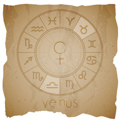 Vector illustration with Hand drawn astrological planet symbol VENUS on a grunge old background.