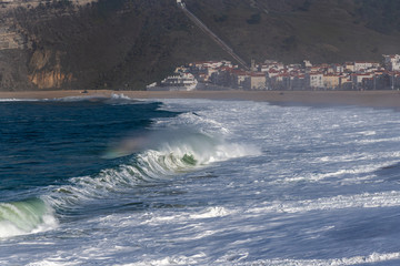 Nazare city beach in morning, Portugal.