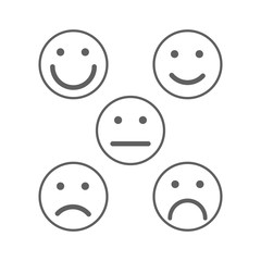 Face emoticons for rate of satisfaction level, five simple gray grade smileys on white