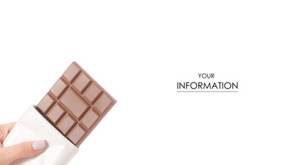 Chocolate tiles bar in hand pattern on white background isolation