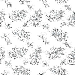 Botanical seamless pattern. Hand drawn illustration of hip rose. Floral texture. Background with wild briar flowers, berries and branches with leaves. Sketch style