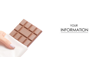 Chocolate tiles bar in hand pattern on white background isolation