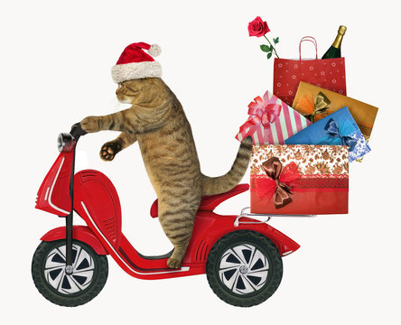 The cat in the Santa Claus hat rides a moped with the Christmas gift bags. White background.