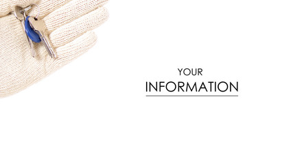 Keys in hand in building gloves pattern on white background isolation