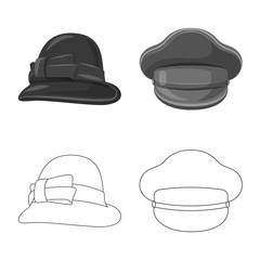 Vector design of headgear and cap logo. Set of headgear and accessory stock vector illustration.