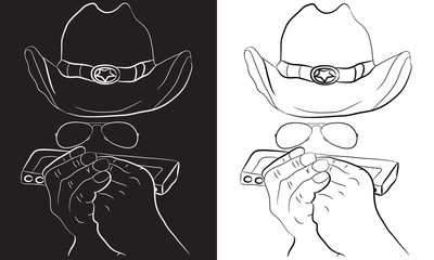 Man in american cowboy hat playing harmonica. Country Music Isolated hand drawn Illustration.