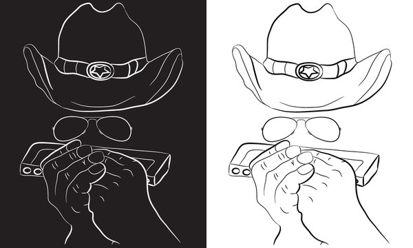 Man in american cowboy hat playing harmonica. Country Music Isolated hand drawn Illustration.