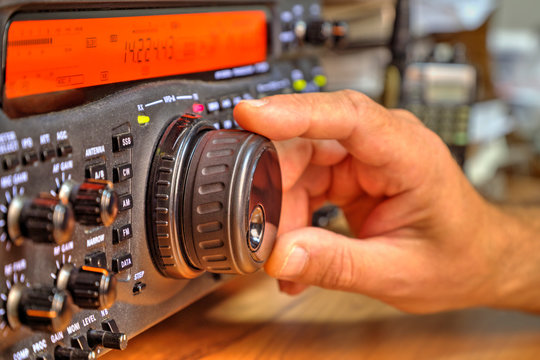 Modern high frequency radio amateur transceiver closeup
