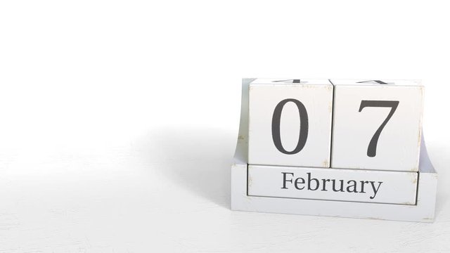 February 7 date on vintage cube calendar, 3D animation