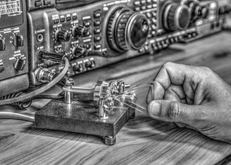 Modern high frequency radio amateur transceiver in black and white © phadventure