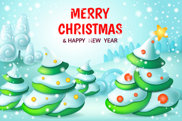 Fototapeta na wymiar Christmas background with decorated fir-tree. Cartoon winter landscape. 3d vector illustration.