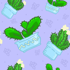 Seamless vector pattern of drawn cactus in pots