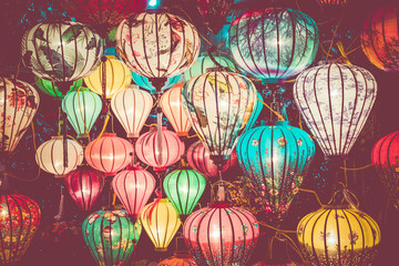 Colorful lanterns spread light on the old street of Hoi An Ancient Town - UNESCO World Heritage...